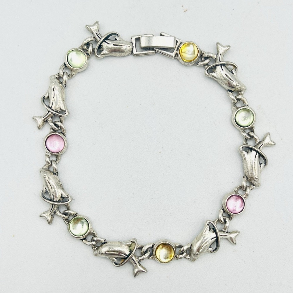 Dolphin‎ Jumping Hoops Link Silver Bracelet Crystal Multicolor Pink Green Yellow